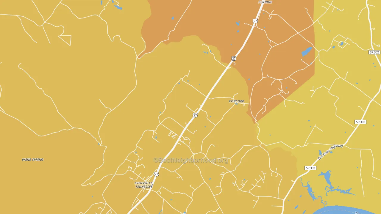 Map of the best neighborhoods in the Watts Bar Dam area, with better matches in green and worse matches in red