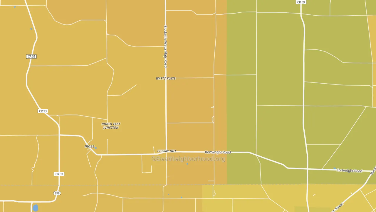 Map of the best neighborhoods in the Watts Flats area, with better matches in green and worse matches in red