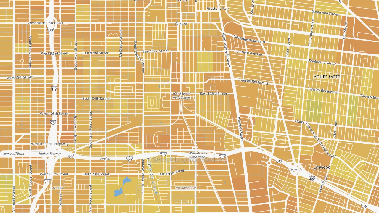 Map of the best neighborhoods in the Watts, Los Angeles area, with better matches in green and worse matches in red
