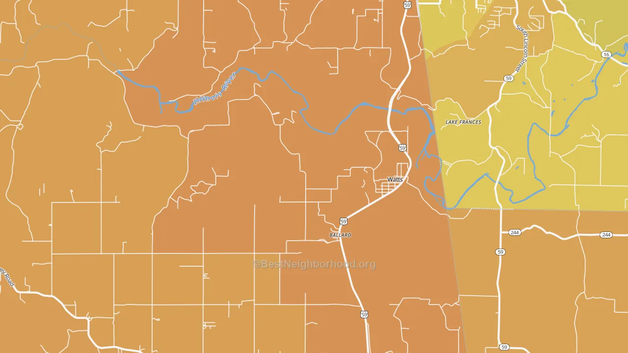Map of the best neighborhoods in the Watts area, with better matches in green and worse matches in red