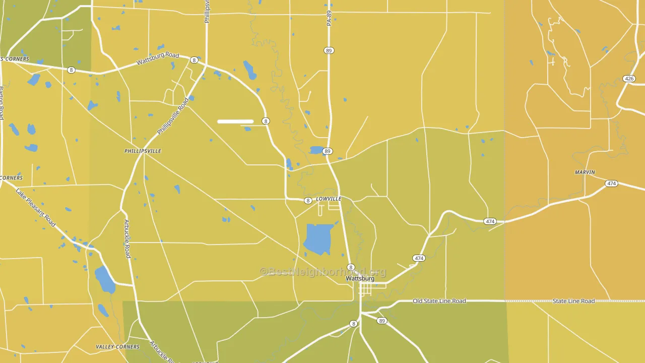 Map of the best neighborhoods in the Wattsburg area, with better matches in green and worse matches in red