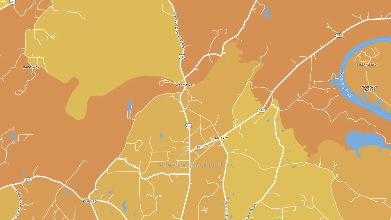 Map of the best neighborhoods in the Wattsville area, with better matches in green and worse matches in red