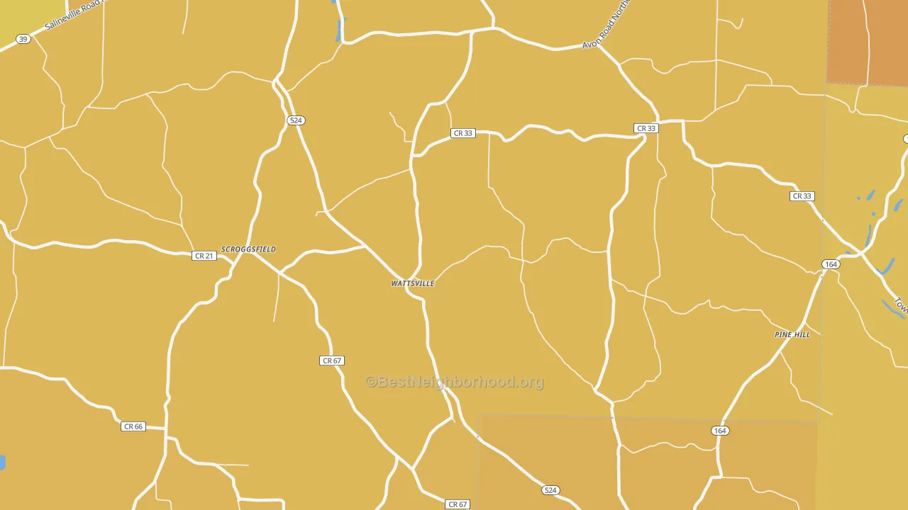 Map of the best neighborhoods in the Wattsville area, with better matches in green and worse matches in red