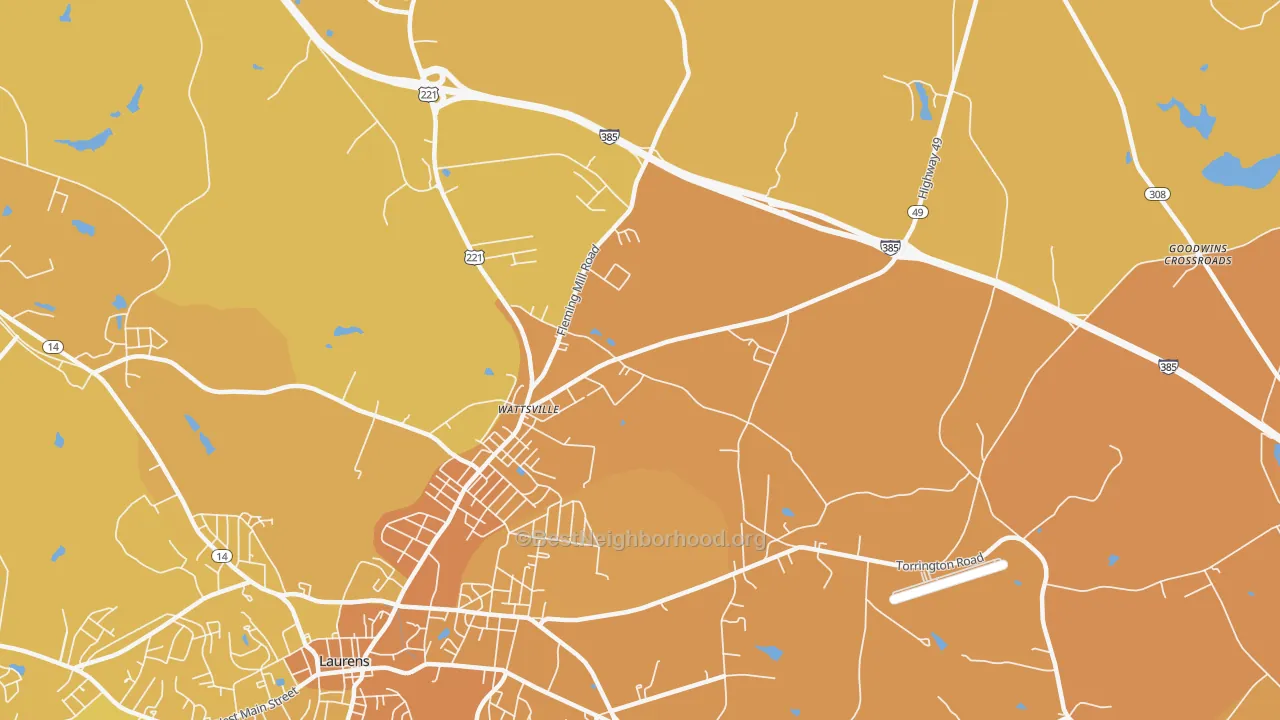 Map of the best neighborhoods in the Wattsville area, with better matches in green and worse matches in red
