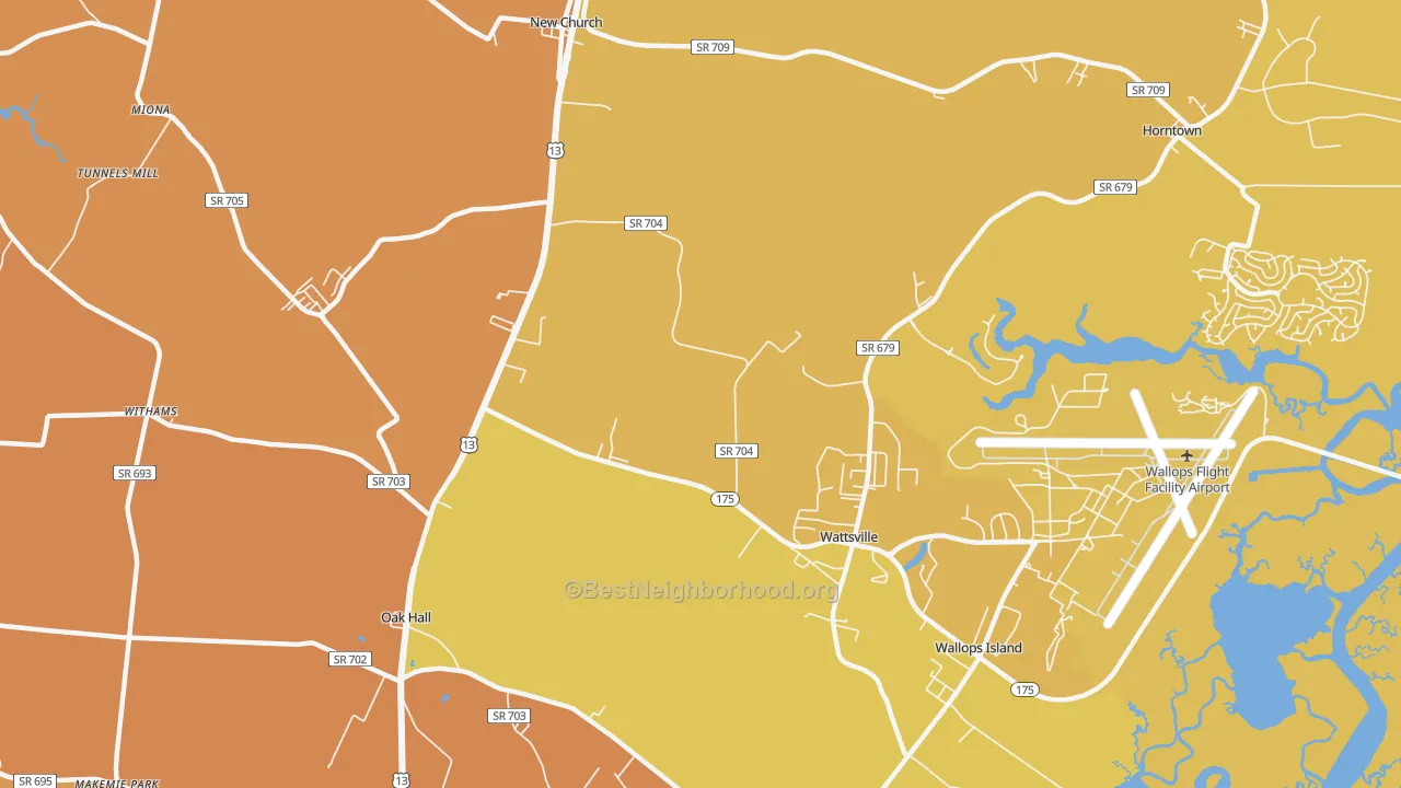 Map of the best neighborhoods in the Wattsville area, with better matches in green and worse matches in red
