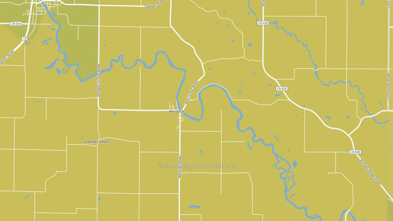 Map of the best neighborhoods in the Waubeek area, with better matches in green and worse matches in red