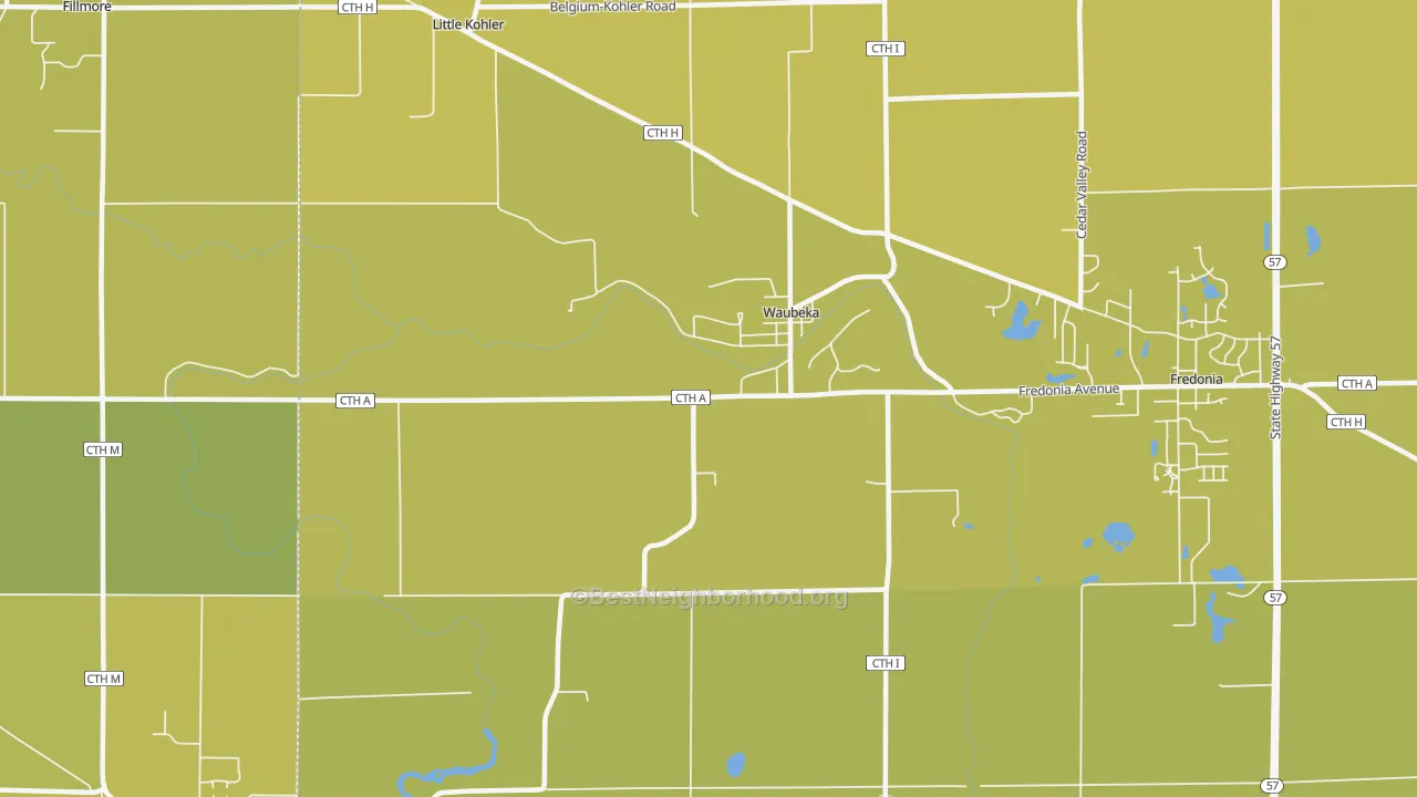 Map of the best neighborhoods in the Waubeka area, with better matches in green and worse matches in red