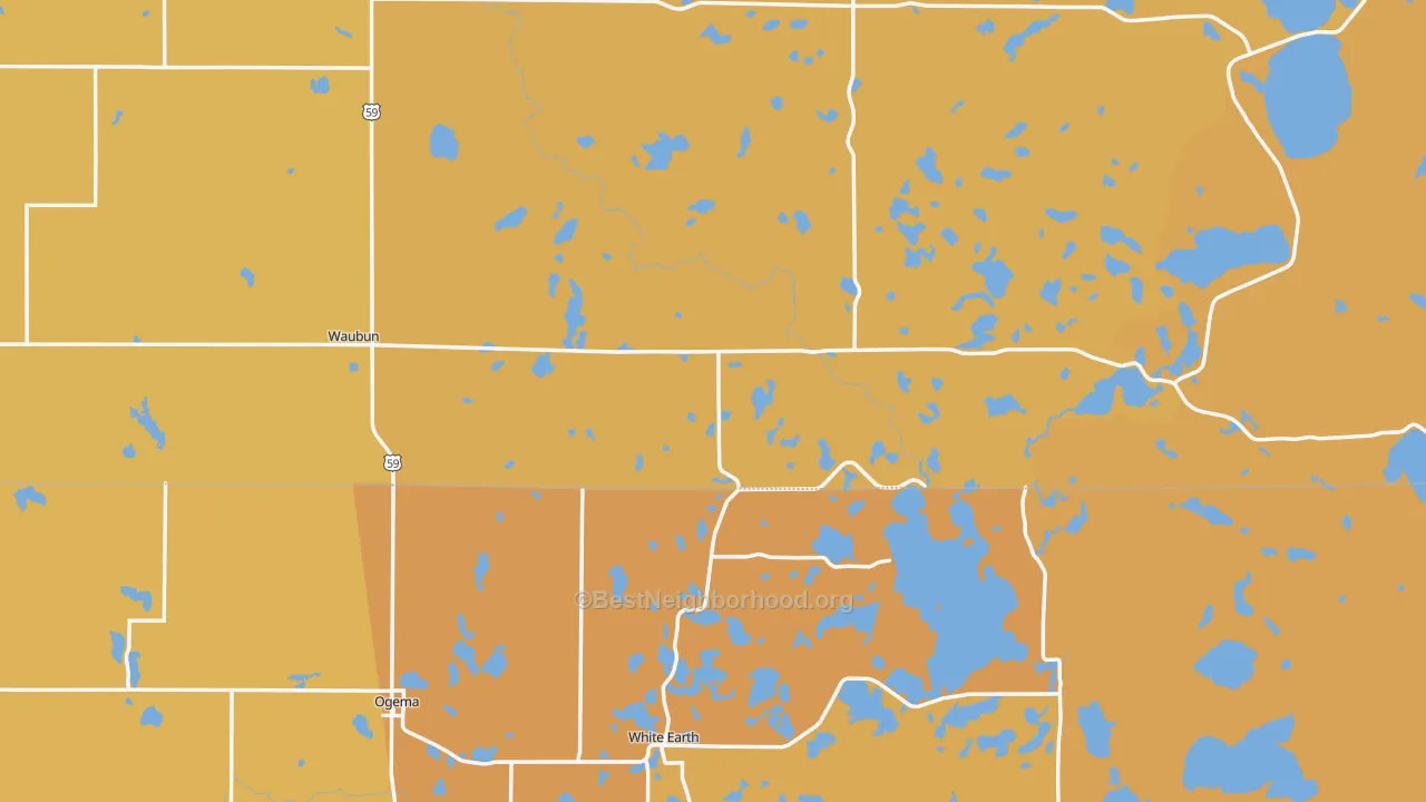Map of the best neighborhoods in the Waubun area, with better matches in green and worse matches in red
