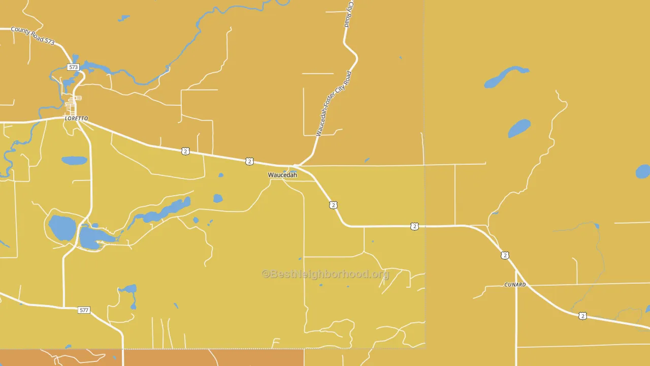 Map of the best neighborhoods in the Waucedah area, with better matches in green and worse matches in red