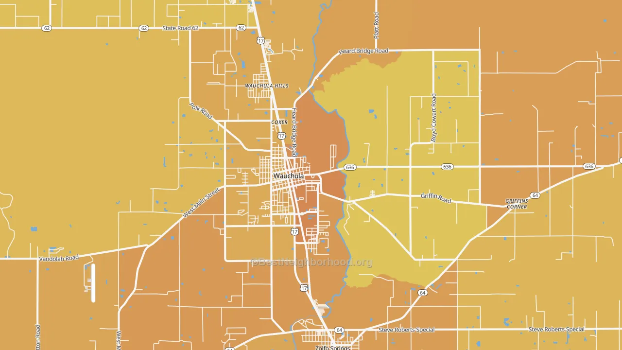 Map of the best neighborhoods in the Wauchula area, with better matches in green and worse matches in red