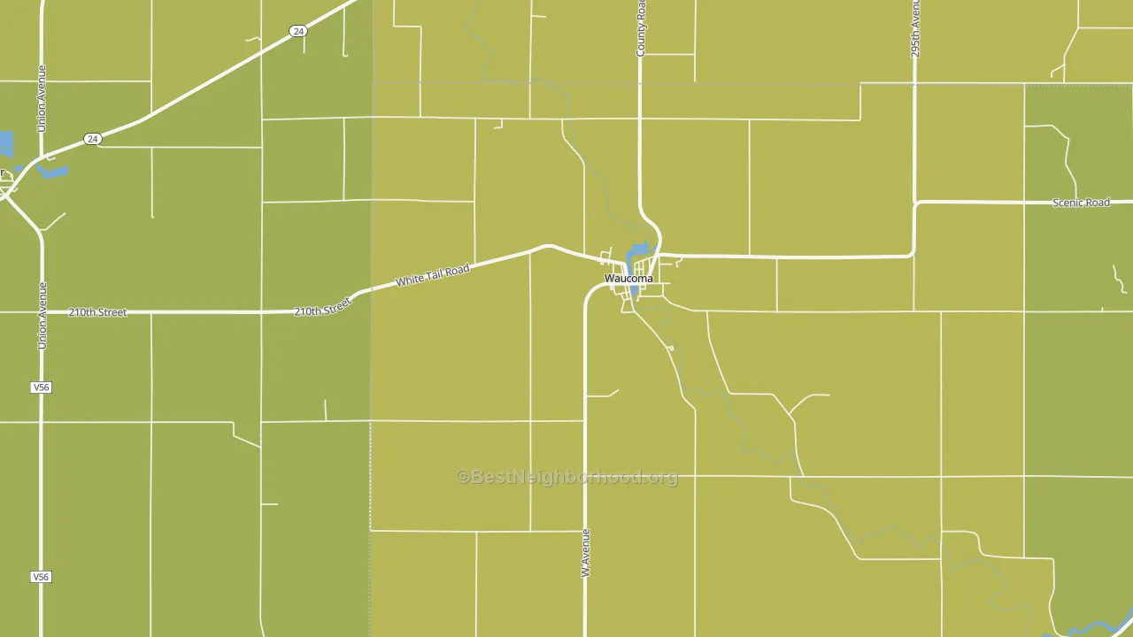 Map of the best neighborhoods in the Waucoma area, with better matches in green and worse matches in red