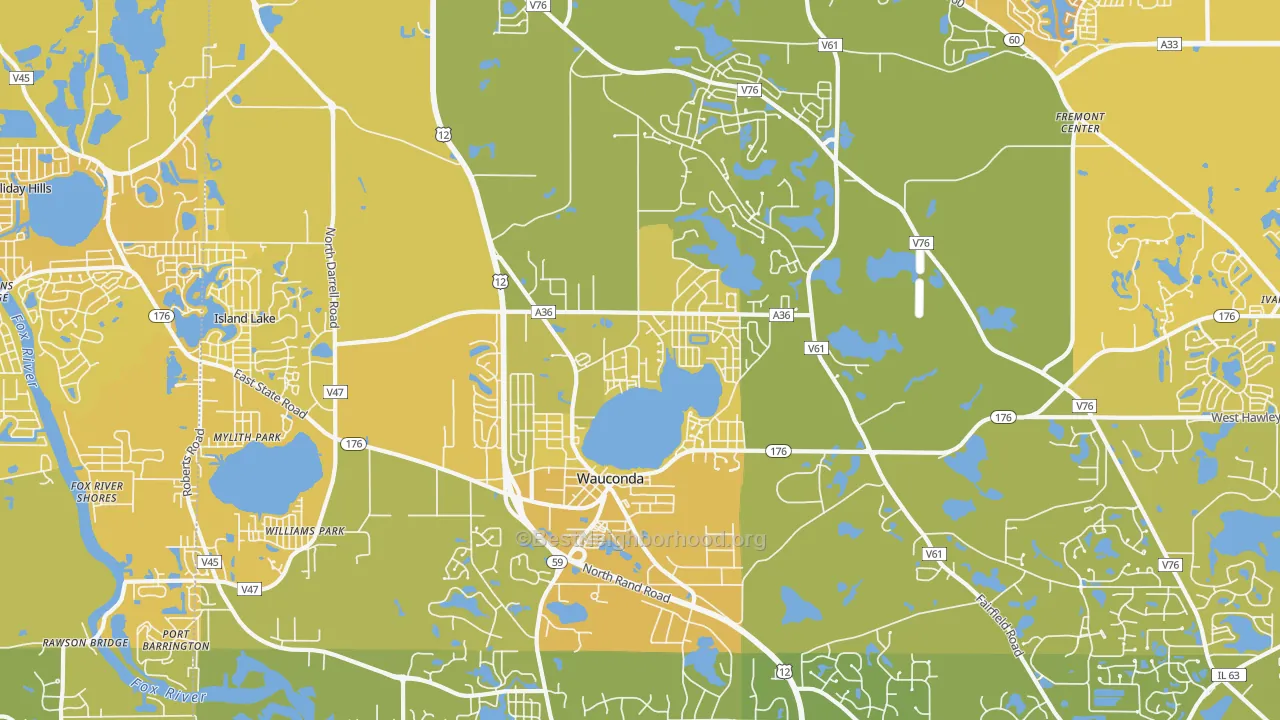 Map of the best neighborhoods in the Wauconda area, with better matches in green and worse matches in red