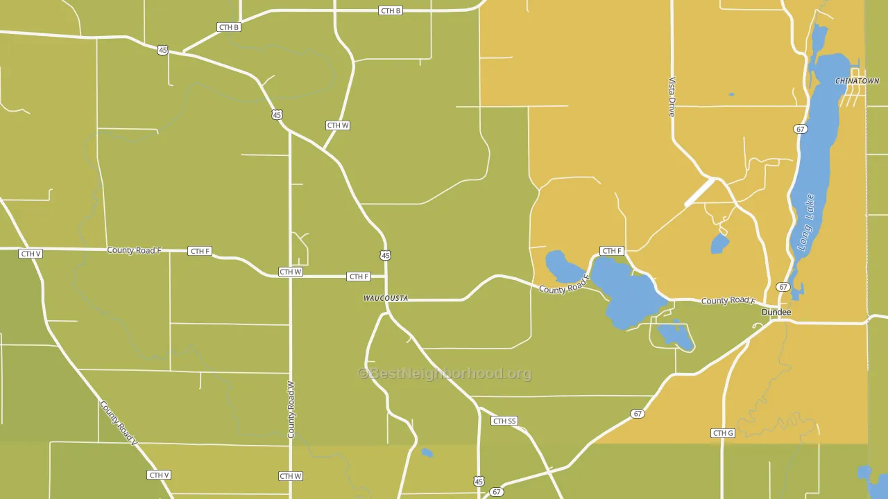 Map of the best neighborhoods in the Waucousta area, with better matches in green and worse matches in red