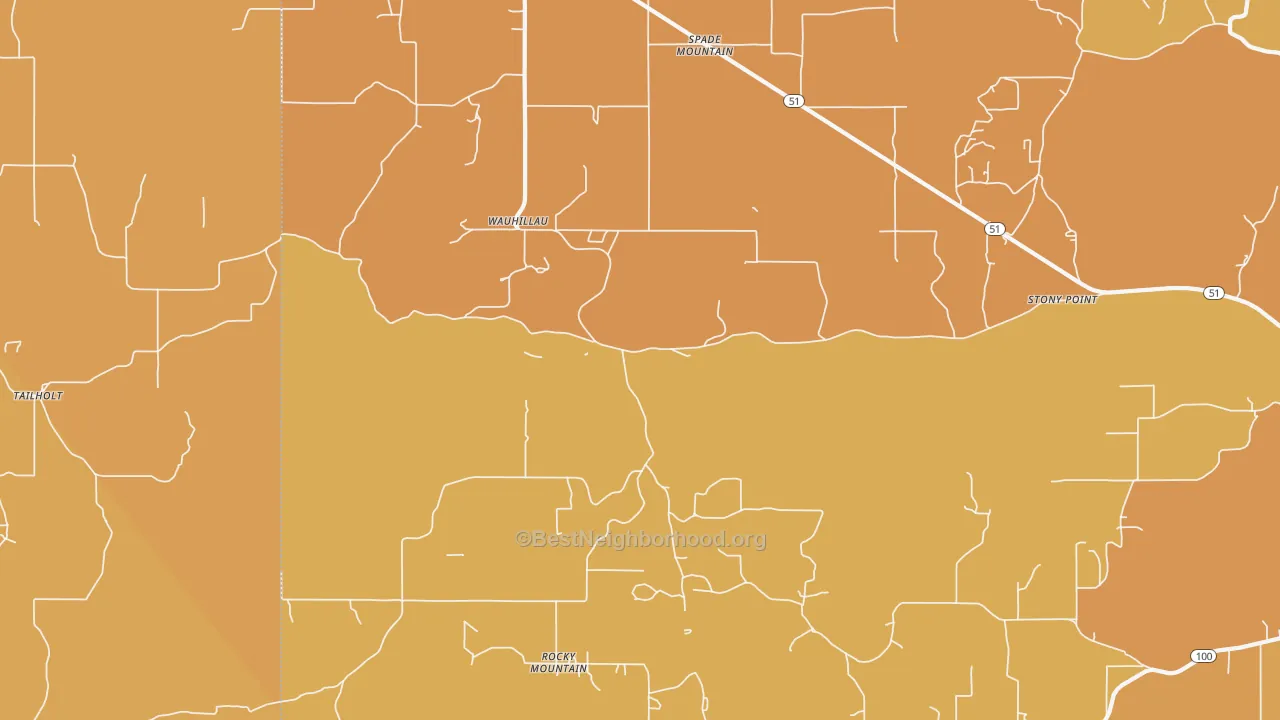 Map of the best neighborhoods in the Wauhillau area, with better matches in green and worse matches in red