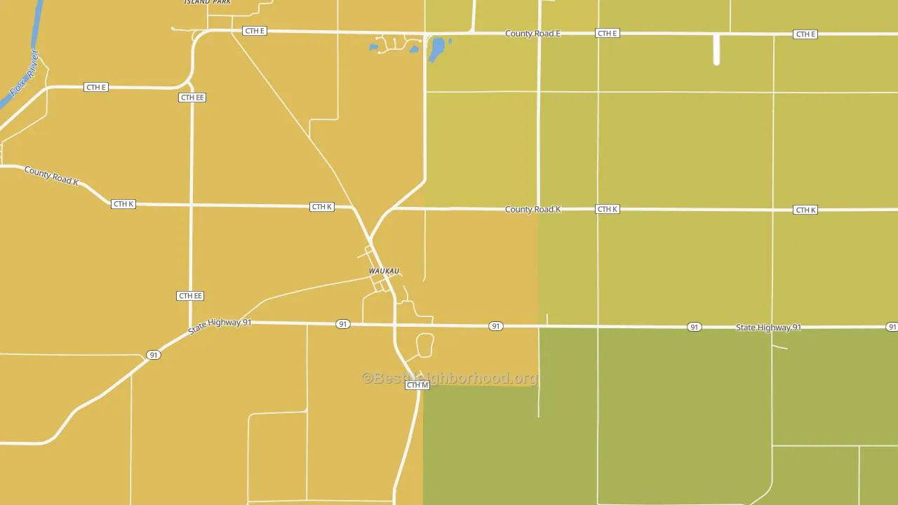 Map of the best neighborhoods in the Waukau area, with better matches in green and worse matches in red
