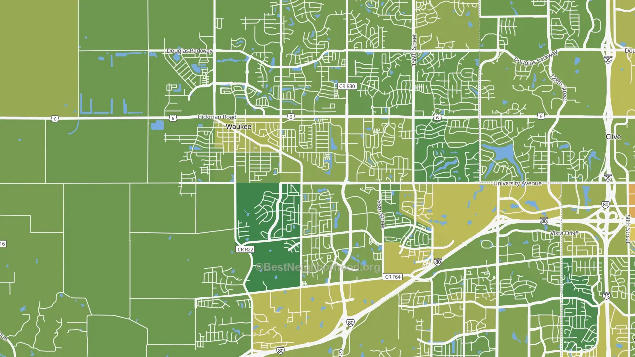 Map of the best neighborhoods in the Waukee area, with better matches in green and worse matches in red
