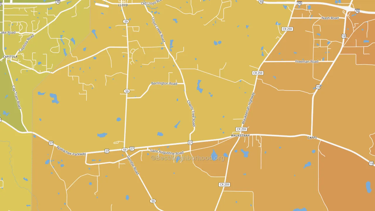 Map of the best neighborhoods in the Waukeenah area, with better matches in green and worse matches in red