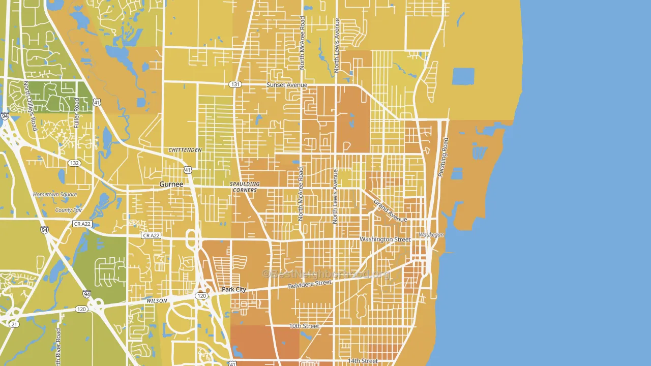 Map of the best neighborhoods in the Waukegan area, with better matches in green and worse matches in red
