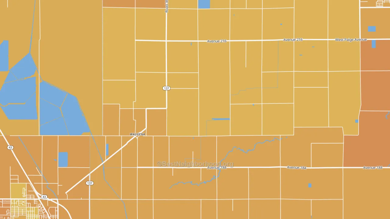 Map of the best neighborhoods in the Waukena area, with better matches in green and worse matches in red