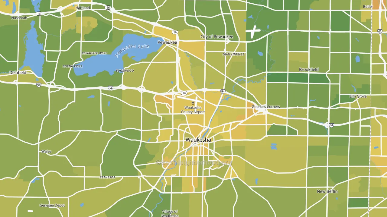 Map of the best neighborhoods in the Waukesha County area, with better matches in green and worse matches in red