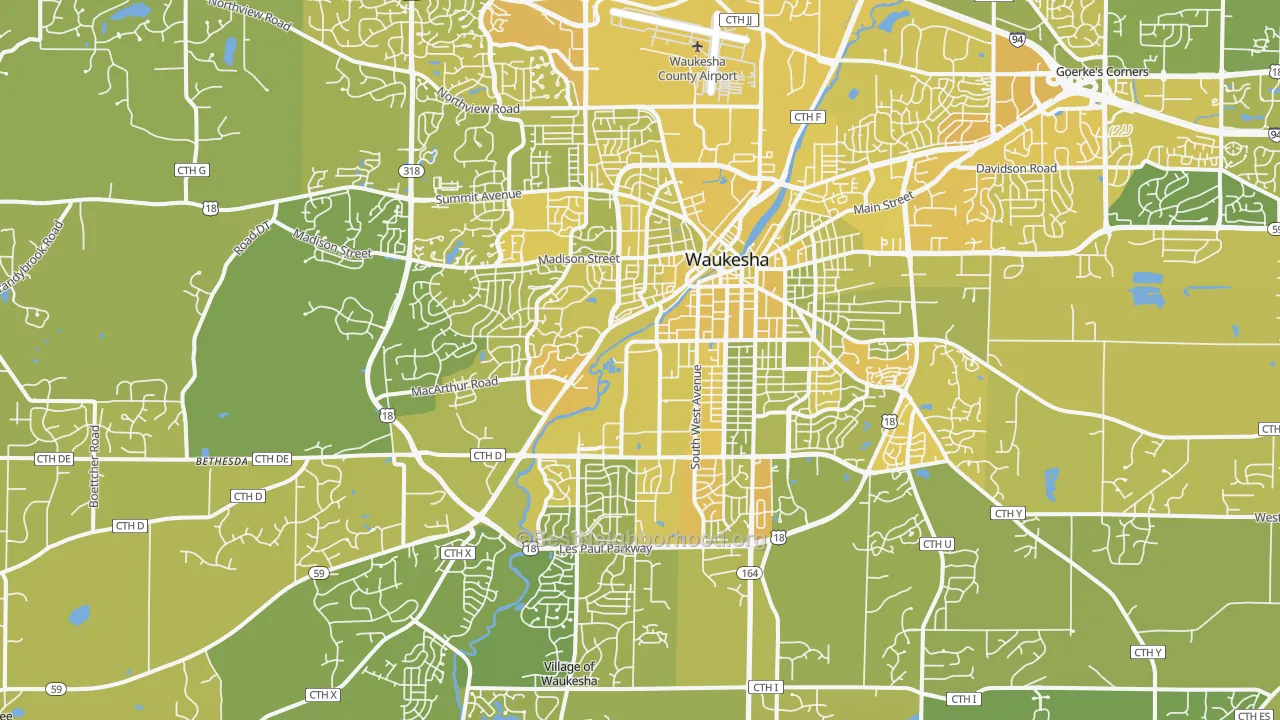 Map of the best neighborhoods in the Waukesha area, with better matches in green and worse matches in red