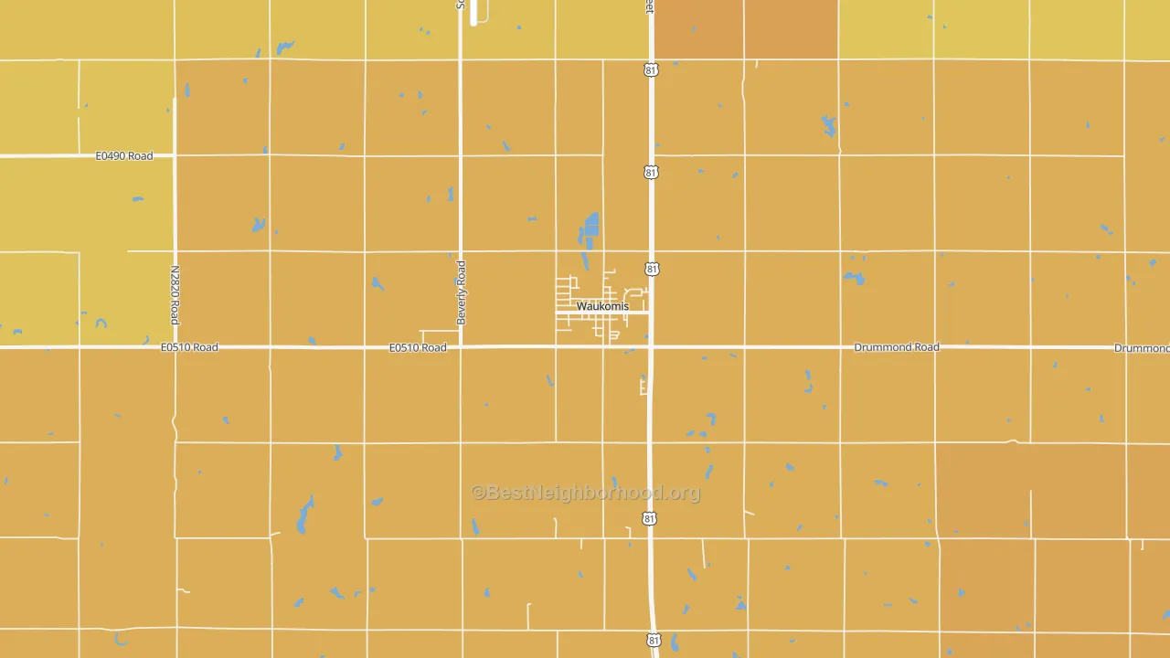 Map of the best neighborhoods in the Waukomis area, with better matches in green and worse matches in red