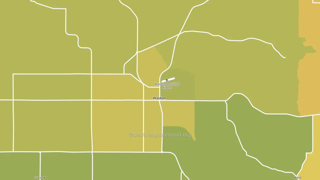 Map of the best neighborhoods in the Waukon area, with better matches in green and worse matches in red