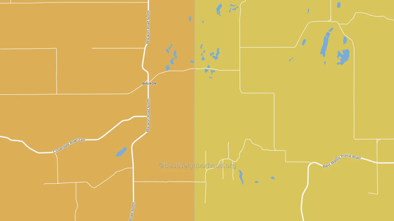 Map of the best neighborhoods in the Waukon area, with better matches in green and worse matches in red