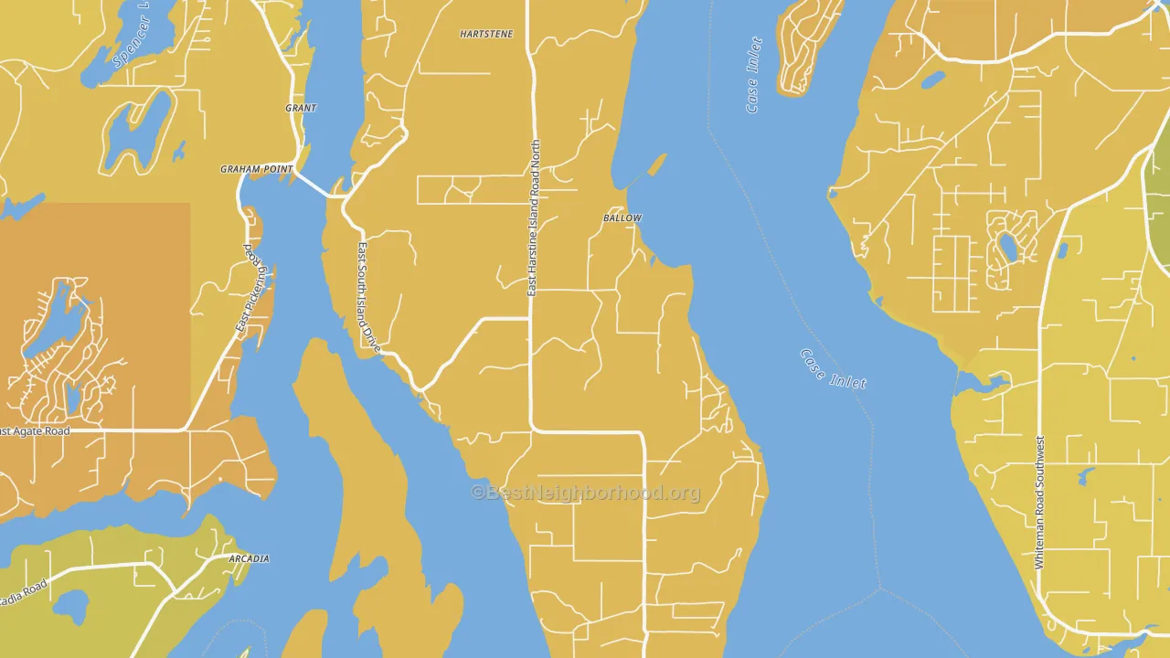 Map of the best neighborhoods in the Wauna area, with better matches in green and worse matches in red