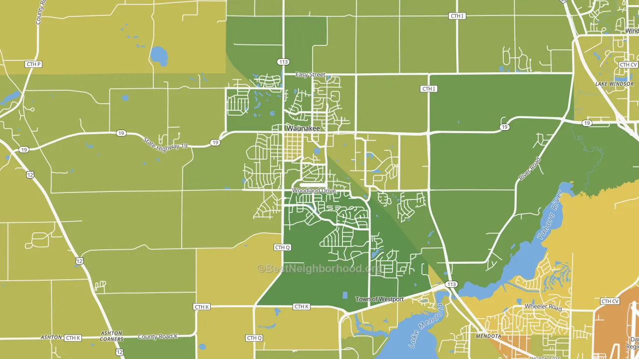 Map of the best neighborhoods in the Waunakee area, with better matches in green and worse matches in red