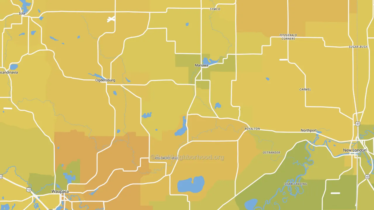 Map of the best neighborhoods in the Waupaca County area, with better matches in green and worse matches in red