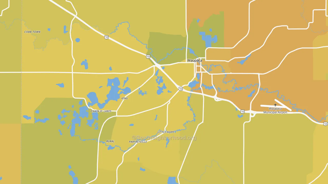 Map of the best neighborhoods in the Waupaca area, with better matches in green and worse matches in red