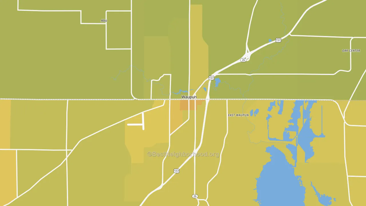Map of the best neighborhoods in the Waupun area, with better matches in green and worse matches in red