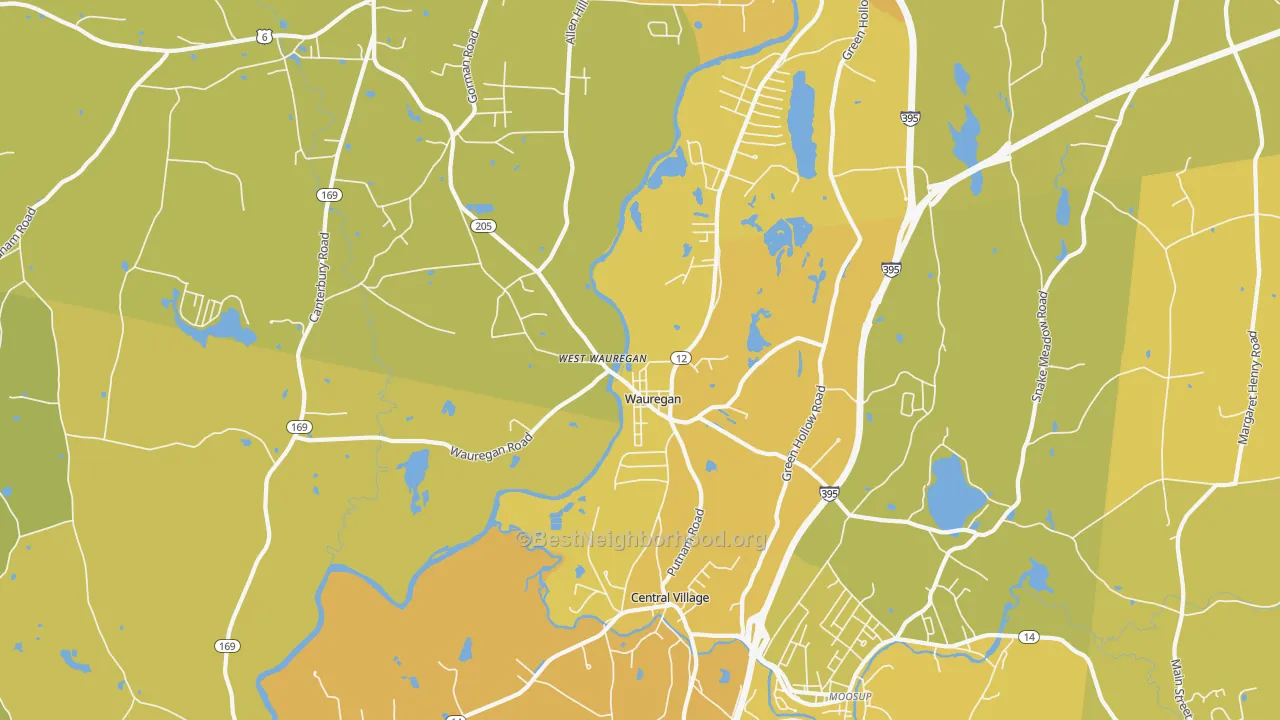 Map of the best neighborhoods in the Wauregan area, with better matches in green and worse matches in red