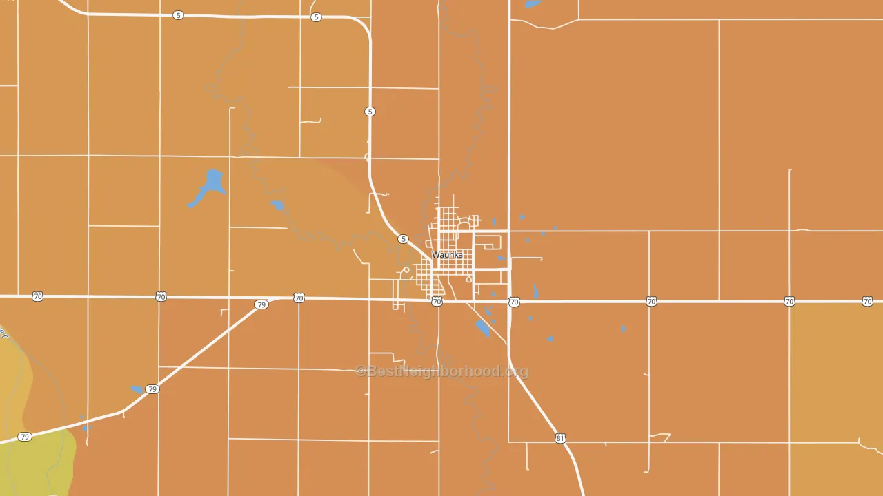 Map of the best neighborhoods in the Waurika area, with better matches in green and worse matches in red