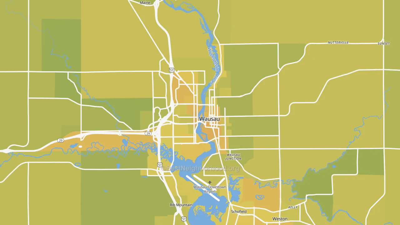 Map of the best neighborhoods in the Wausau Metro area, with better matches in green and worse matches in red
