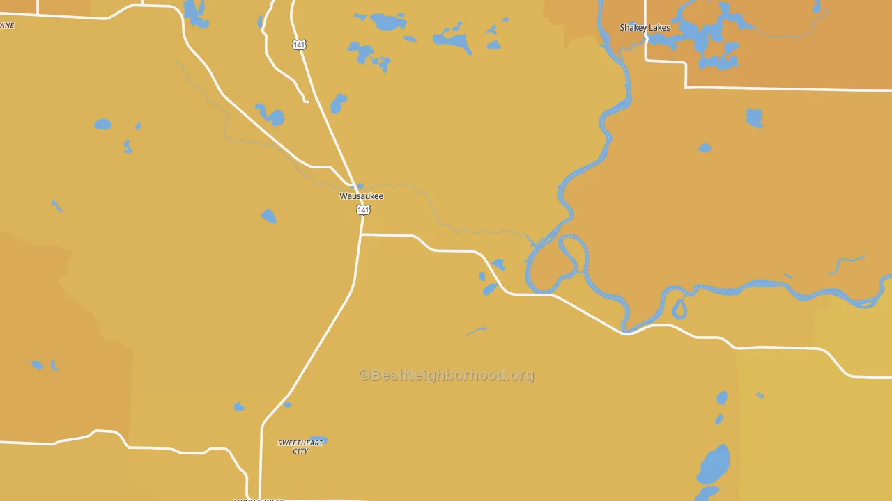 Map of the best neighborhoods in the Wausaukee area, with better matches in green and worse matches in red