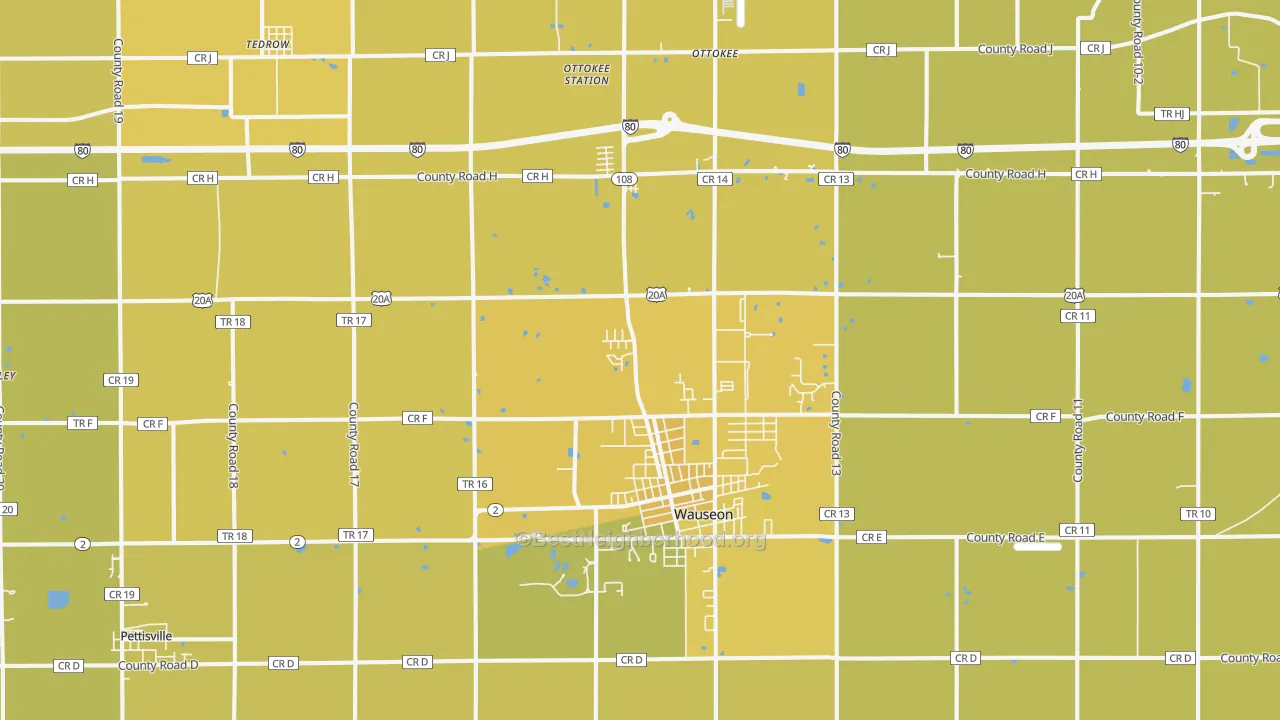 Map of the best neighborhoods in the Wauseon area, with better matches in green and worse matches in red