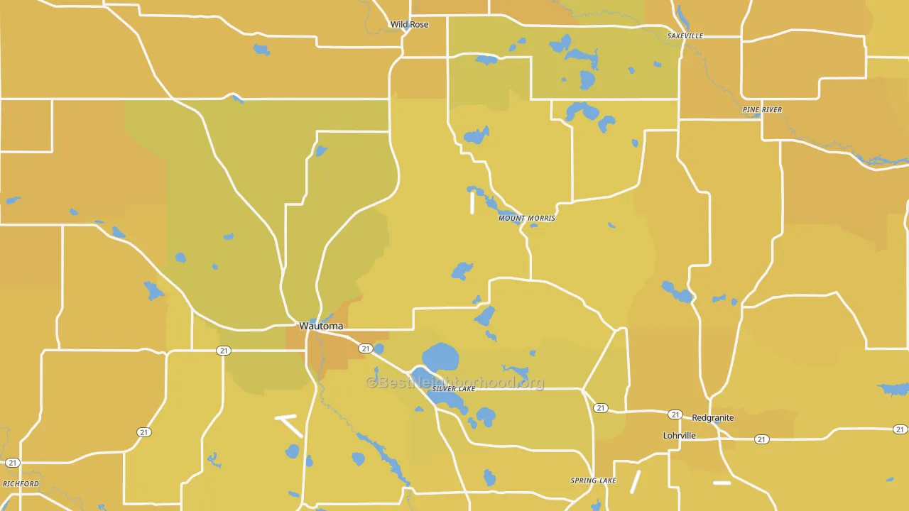 Map of the best neighborhoods in the Waushara County area, with better matches in green and worse matches in red