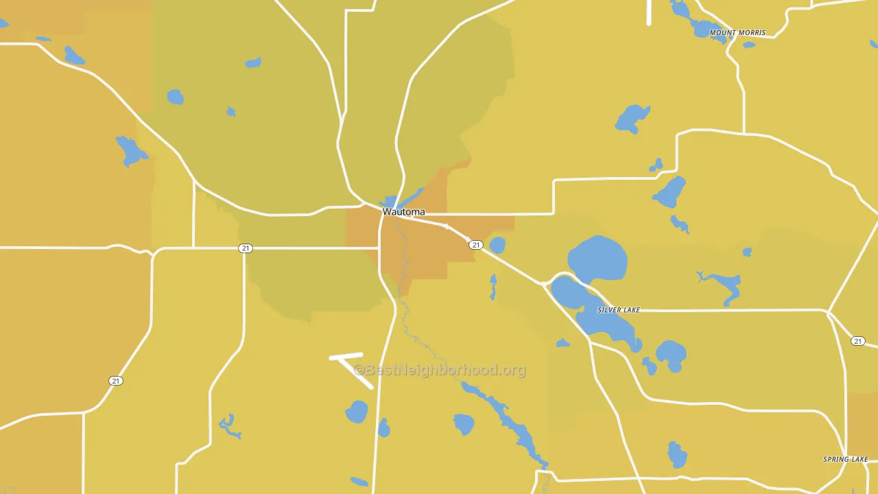 Map of the best neighborhoods in the Wautoma area, with better matches in green and worse matches in red