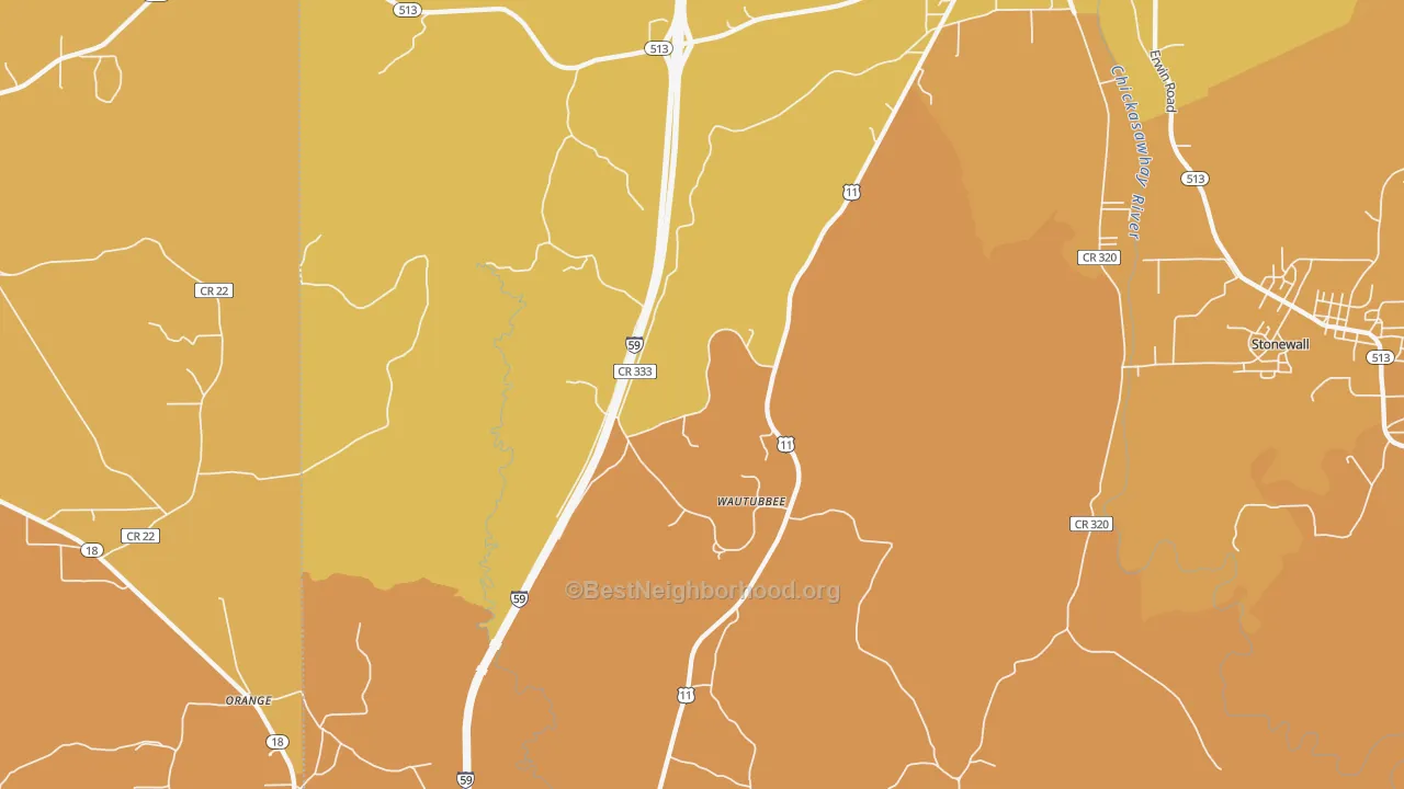 Map of the best neighborhoods in the Wautubbee area, with better matches in green and worse matches in red