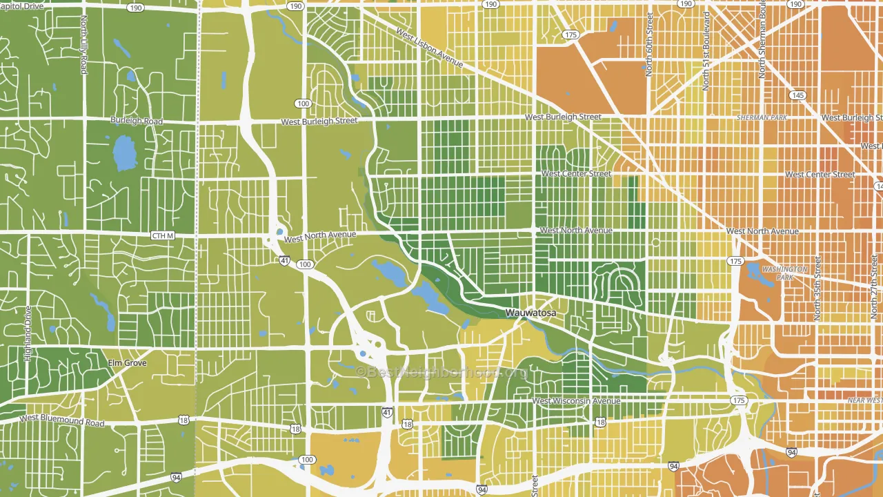 Map of the best neighborhoods in the Wauwatosa area, with better matches in green and worse matches in red