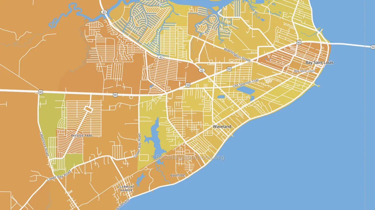 Map of the best neighborhoods in the Waveland area, with better matches in green and worse matches in red