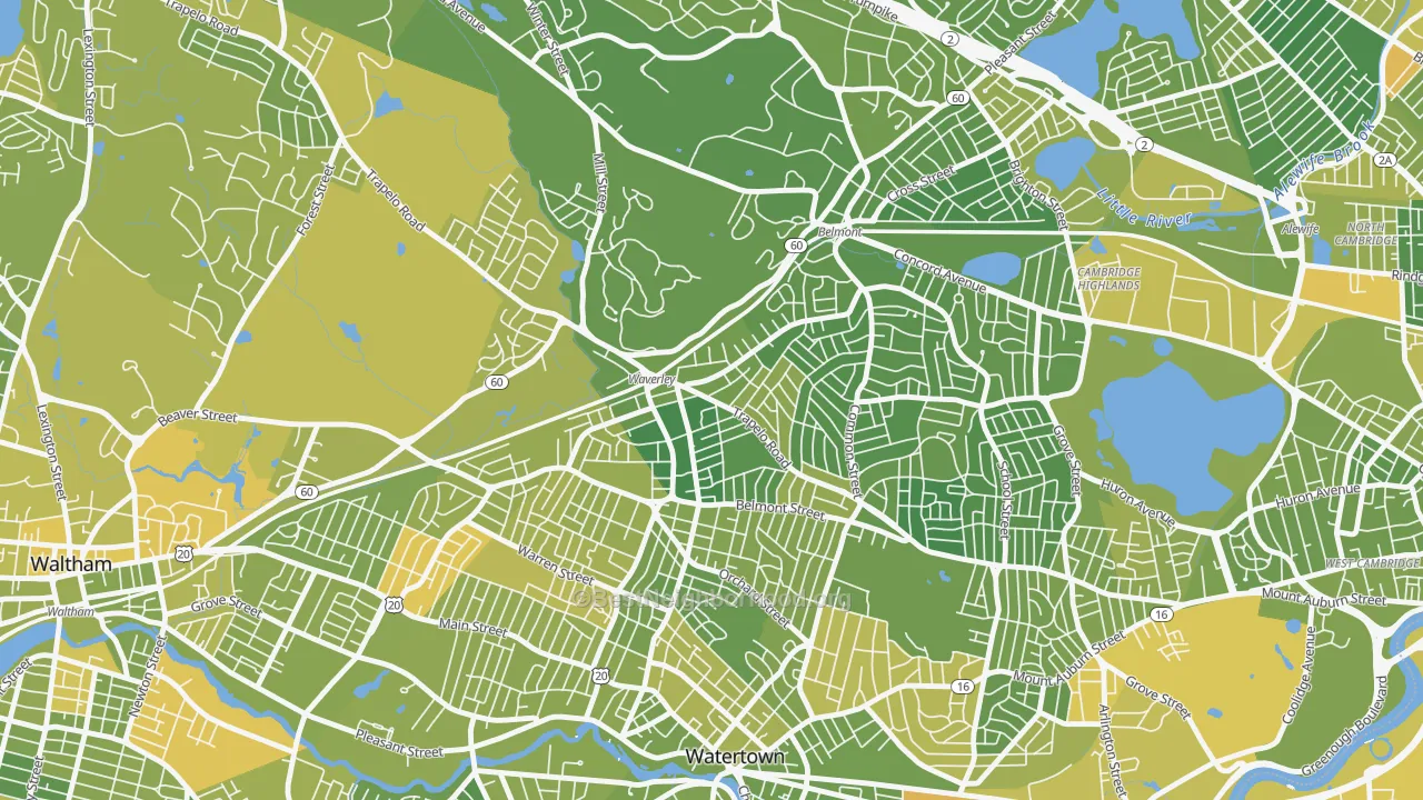Map of the best neighborhoods in the Waverley Square, Belmont area, with better matches in green and worse matches in red