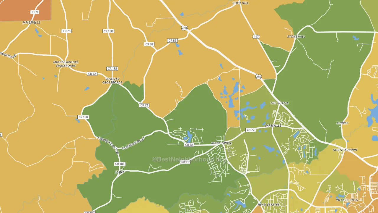 Map of the best neighborhoods in the Waverly area, with better matches in green and worse matches in red