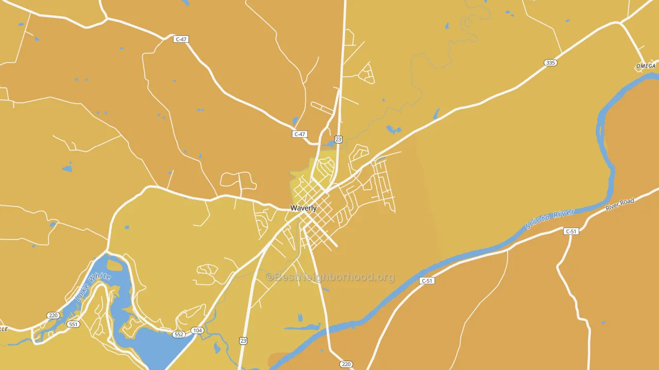 Map of the best neighborhoods in the Waverly City area, with better matches in green and worse matches in red