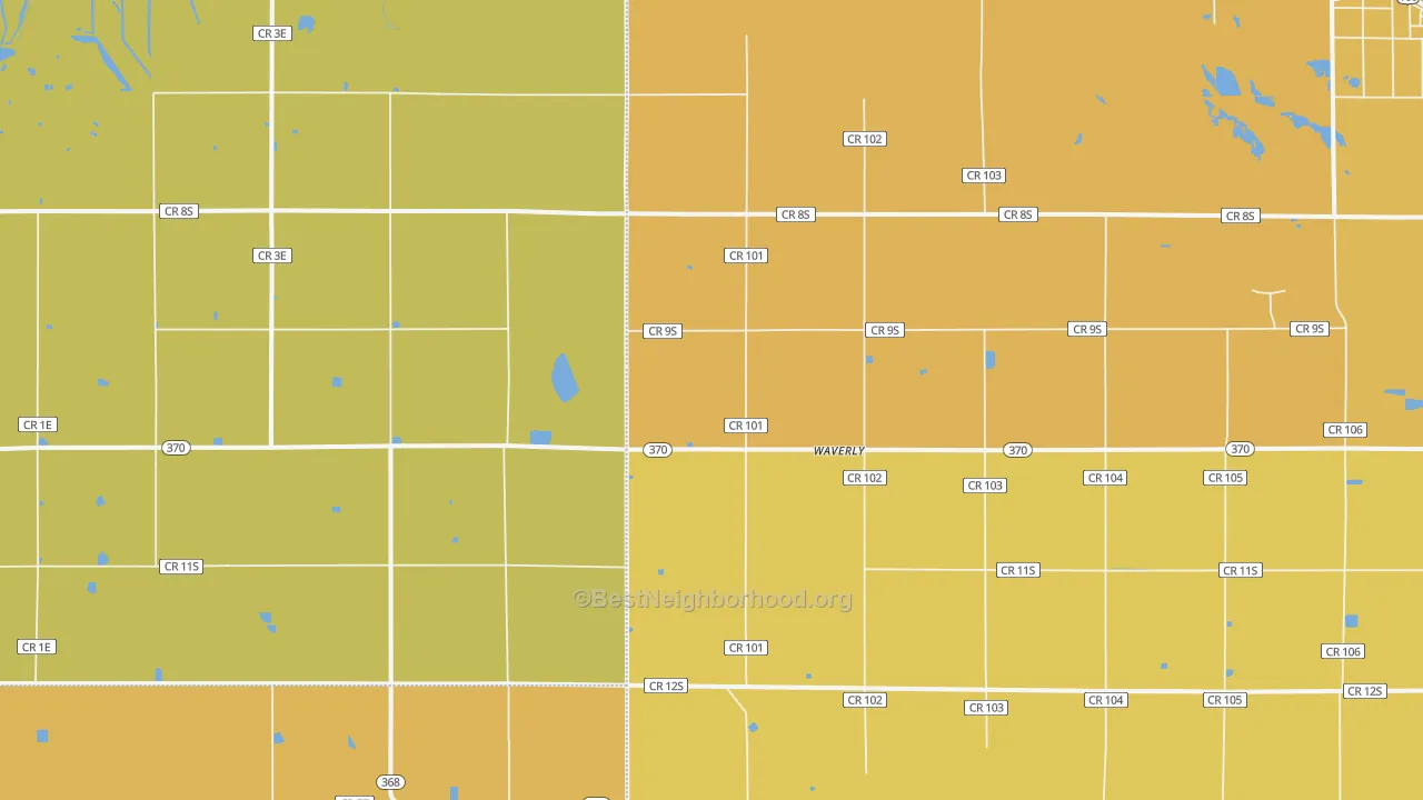 Map of the best neighborhoods in the Waverly area, with better matches in green and worse matches in red