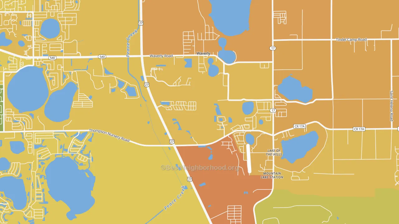 Map of the best neighborhoods in the Waverly area, with better matches in green and worse matches in red