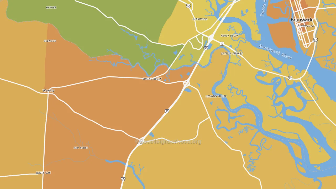 Map of the best neighborhoods in the Waverly area, with better matches in green and worse matches in red