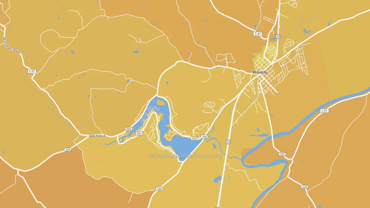 Map of the best neighborhoods in the Waverly Gables area, with better matches in green and worse matches in red